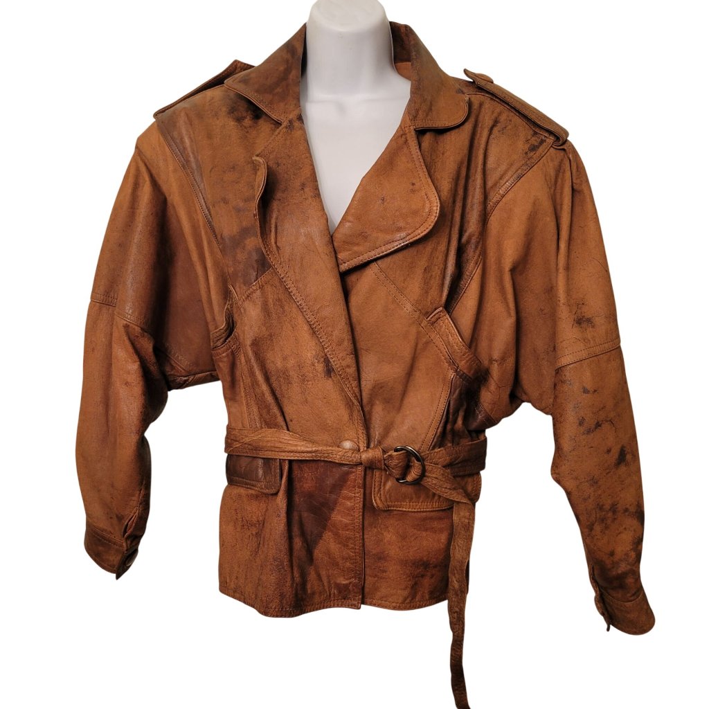 Vintage Whipp Leather Belted Jacket M Brown Distressed Bomber 90s Y2k Western